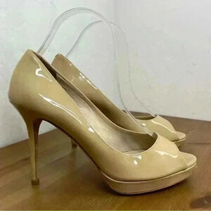 Jimmy Choo Nude Patent Leather 247 Crown Peep Toe Size Italy 38 1/2 US 8.5